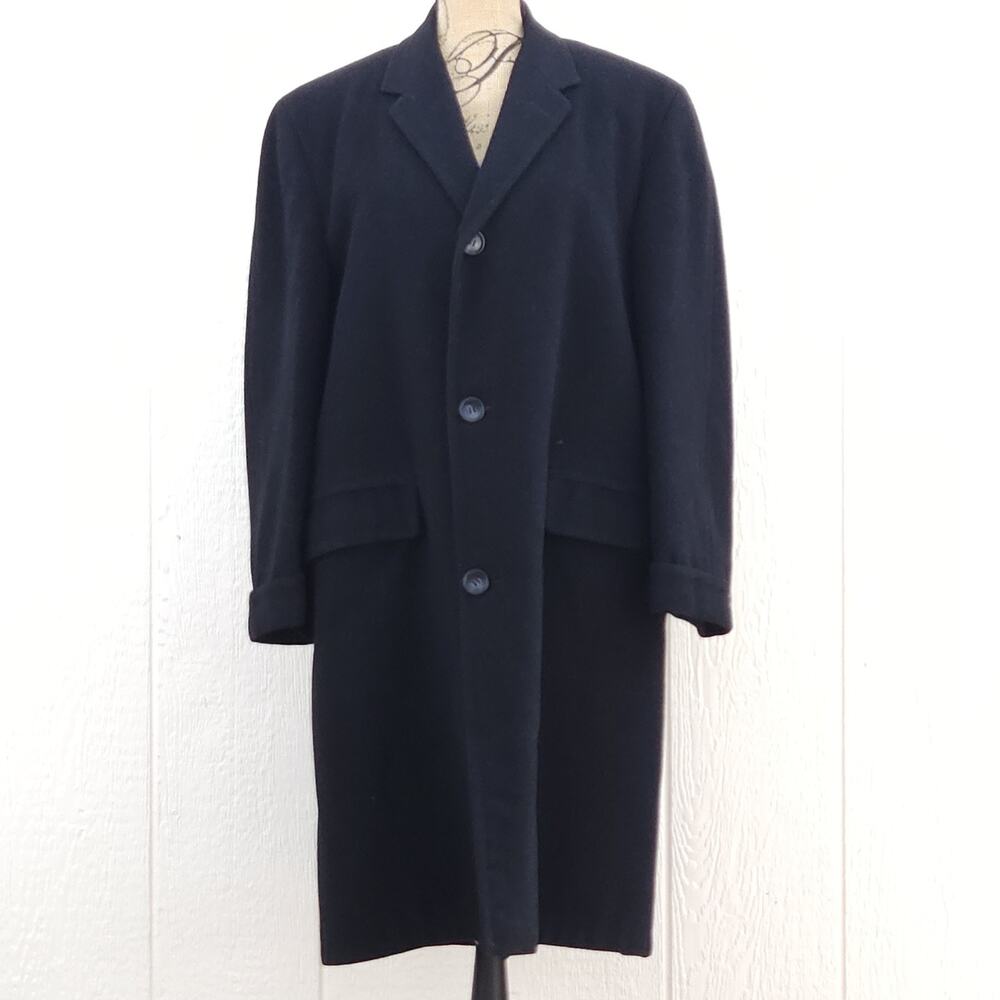 VTG 100% Cashmere Overcoat L Black Hand Tailored Quiet Luxury Mob Boss 60s USA